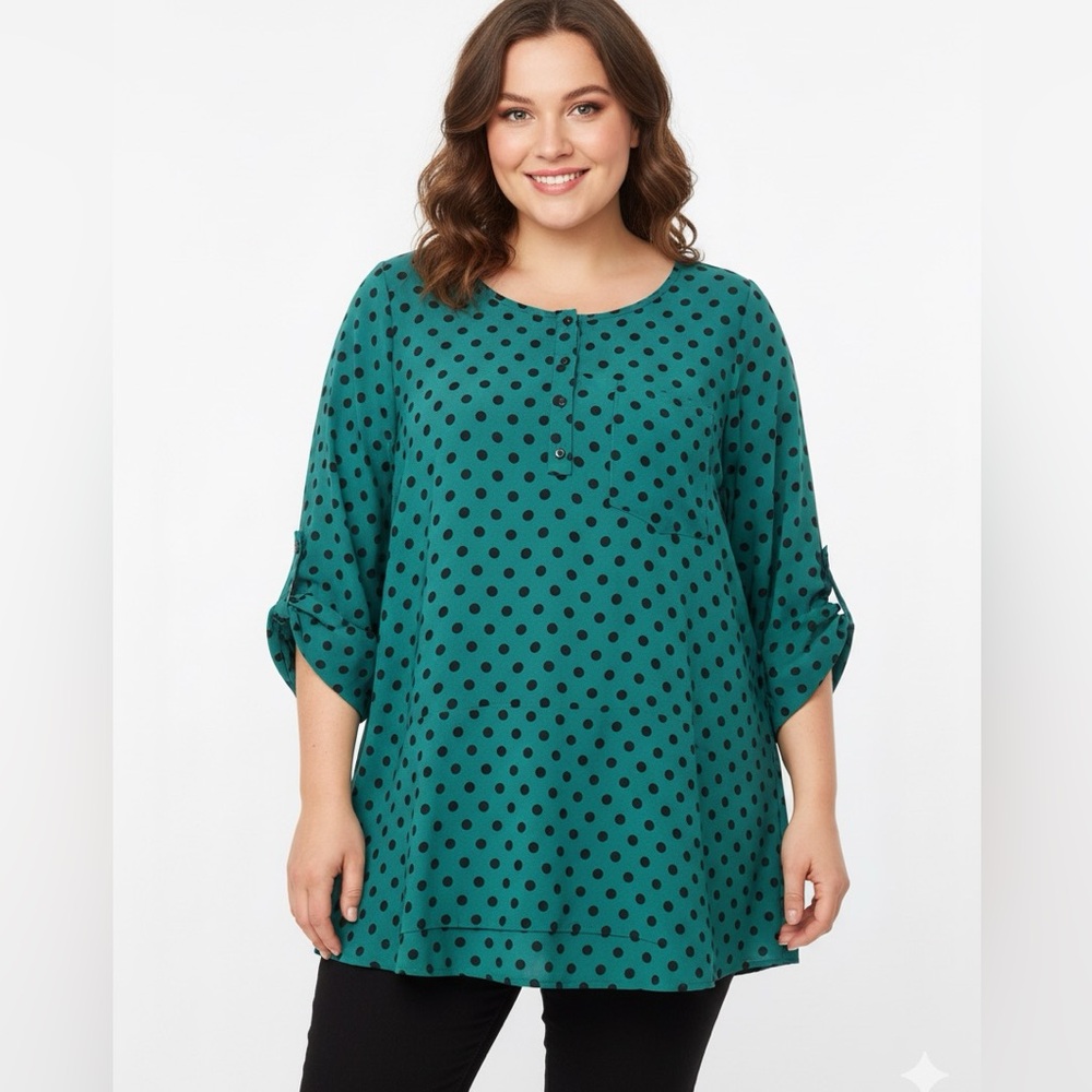 Mossimo NWOT Tab Sleeve Supply Co. Teal Polka Dot Blouse Tunic No Stretch